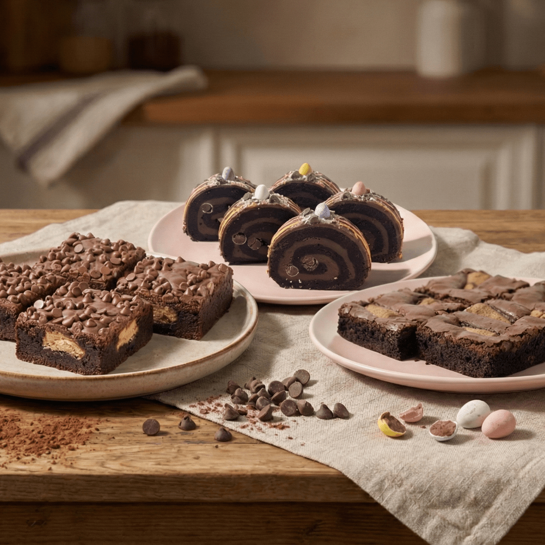 Assorted chocolate desserts on plates with a neutral background