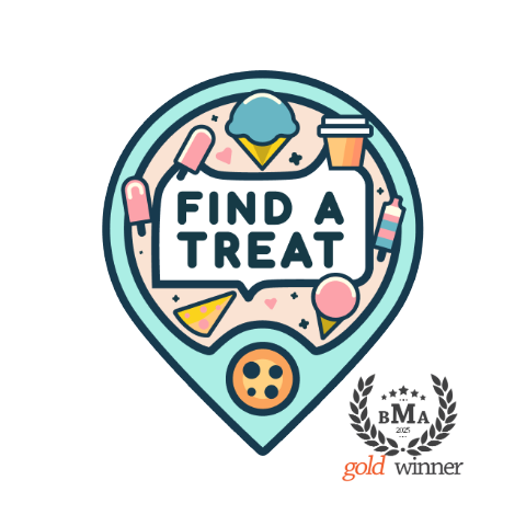 Logo with 'Find a Treat' text and ice cream icons on a white background