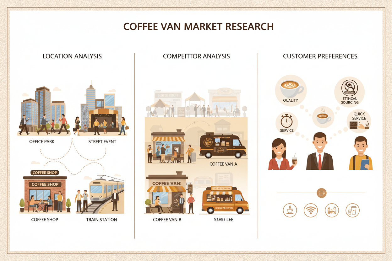Before buying a van, take time to research:
* Where demand exists — busy streets, office parks, train stations, or local events.
* Who your competitors are — other coffee vans, cafés, or chains nearby.
* What customers want — speciality coffee, ethical sourcing, quick service, or unique drink options.
Market research helps you refine your concept and choose the best pitch spots
